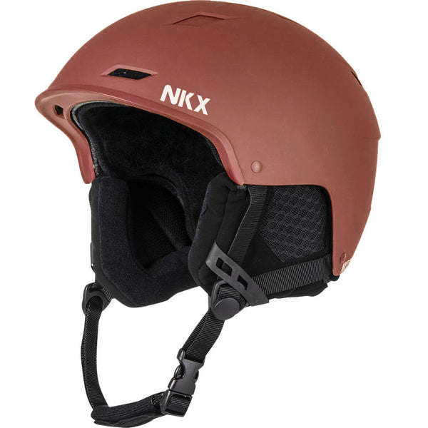 NKX Nomad Snow Helmet in matte burgundy with adjustable straps.
