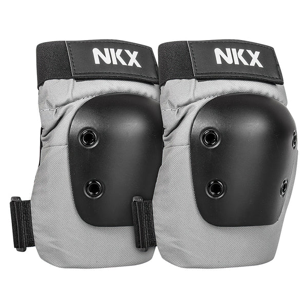 NKX Pro Elbow Pads with durable black caps and gray fabric design.