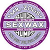 Close-up of Mr. Zog's SexWax Quickhumps purple cold/cool surfboard wax label.