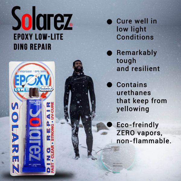 Solarez Epoxy Low-Lite Ding Repair features: cures in low light, tough, eco-friendly.