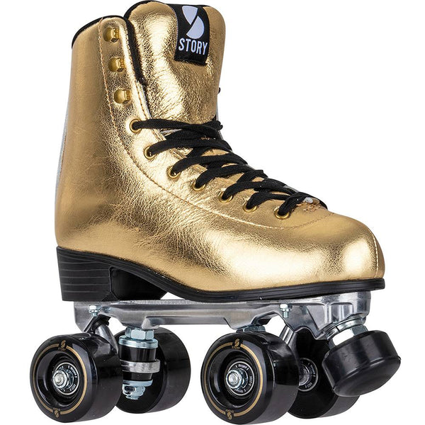 Shiny gold Story Disco Roller Skates featuring black accents and sturdy design.