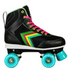 Story Spectrum Side by Side Skates in black with vibrant pink laces and teal wheels.