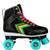 Story Spectrum Side by Side Skates in black with vibrant pink laces and teal wheels.