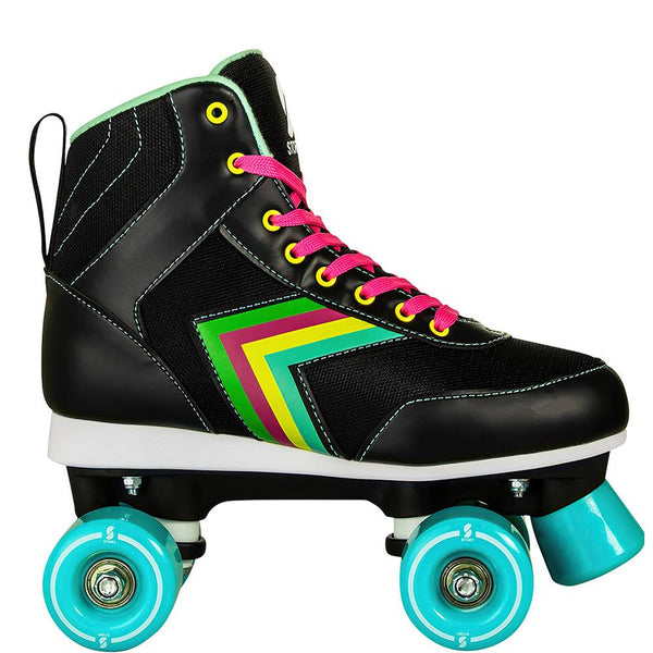 Story Spectrum Side by Side Skates in black with vibrant pink laces and teal wheels.