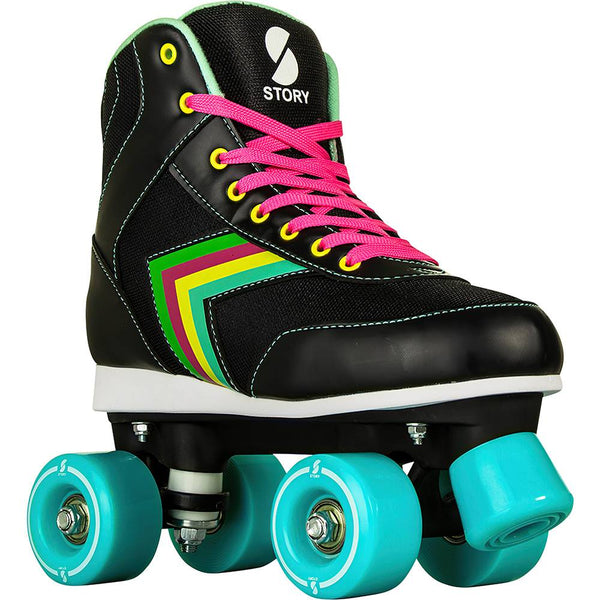Front angled view of Story Spectrum Side by Side Skates in black with pink laces and teal wheels.
