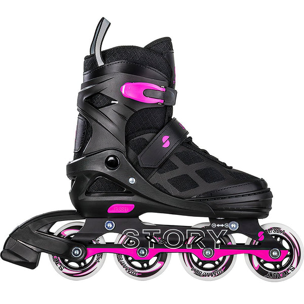 Story Midnight adjustable inline skates in black and pink design.