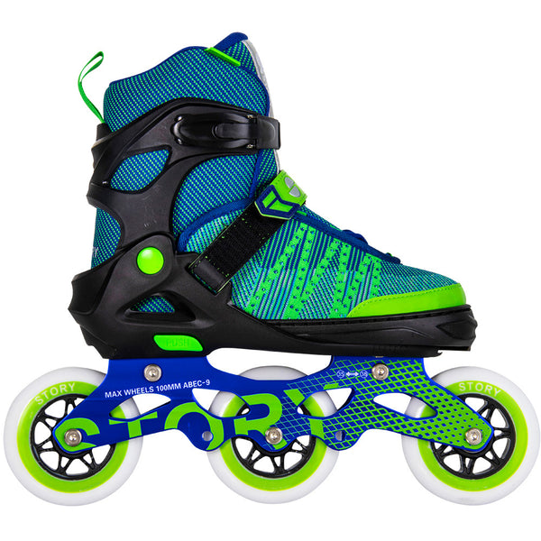 Story Urban Adjustable Inline Skates in green with 90mm PU wheels, ABEC-9 bearings, and a sleek design for speed and comfort in urban skating.