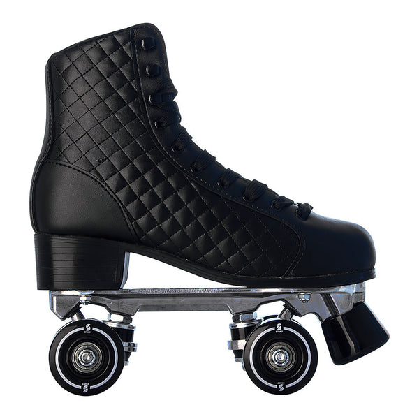 Story Phoenix Side by Side Skates in black with quilted design and sturdy wheels.