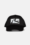 Black Rusty R Dot Trucker Cap with front logo design.
