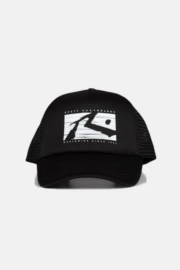 Black Rusty R Dot Trucker Cap with front logo design.