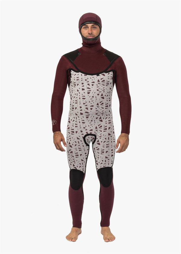 Front view of Vissla New Seas 4-3 Hooded V-Zip Wetsuit showing interior design.