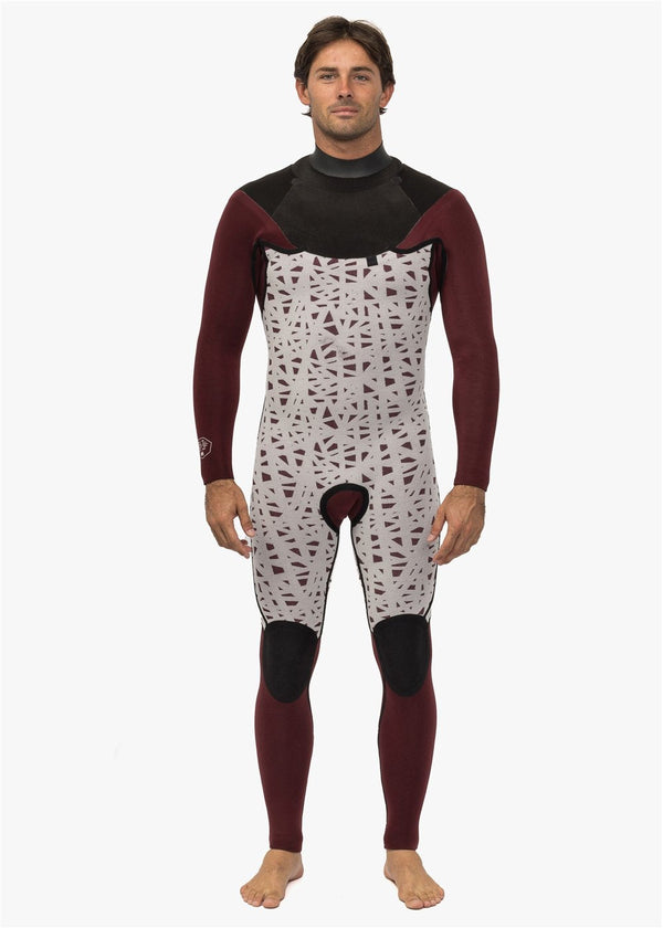 Front view of Vissla wetsuit with interior lining exposed, showcasing burgundy and patterned design.