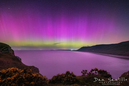 Stunning Northern Lights over a serene coastal landscape with purple and green hues.