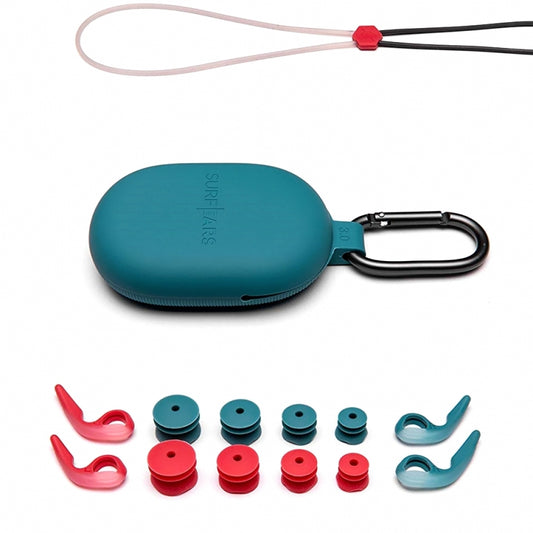 SurfEars ear plugs set with blue case, multiple ear tips, and accessories.