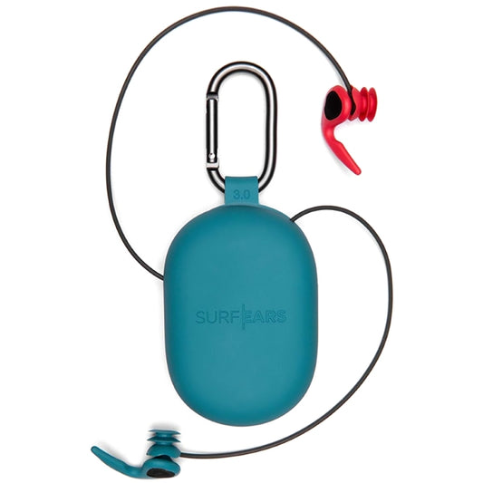 SurfEars ear plugs with blue case, red and blue ear tips, and cord.