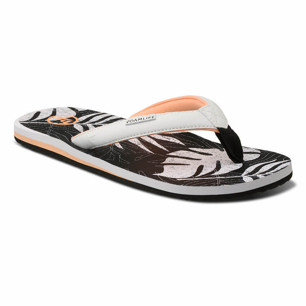 FoamLife Zikat SC women's black flip flops with tropical leaf design.