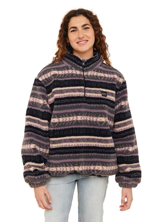 Sisstrevolution Smooth Sherpa Fleece in Grey Heather with striped design, front view.