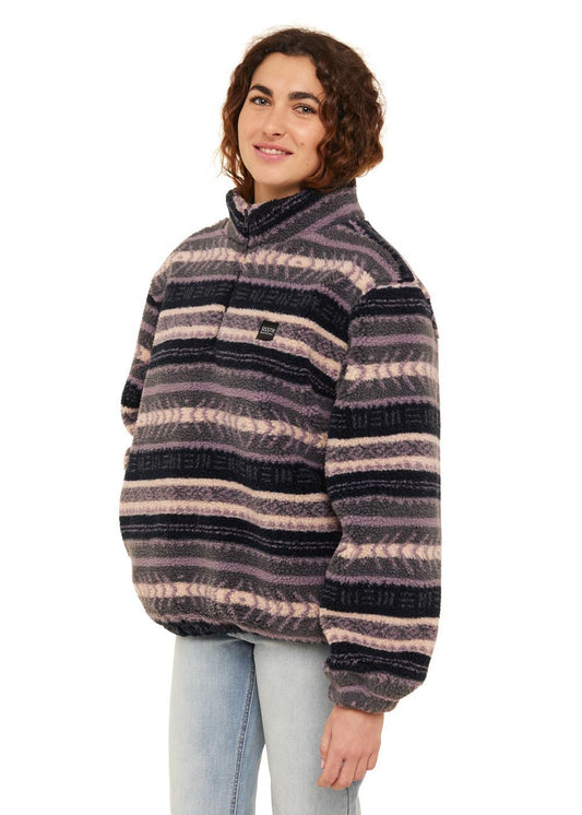 Sisstrevolution Smooth Sherpa Fleece in Grey Heather with striped design, side view.