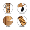 Features of bamboo surfboard rack: drawer, hooks, cork padding, and easy assembly.