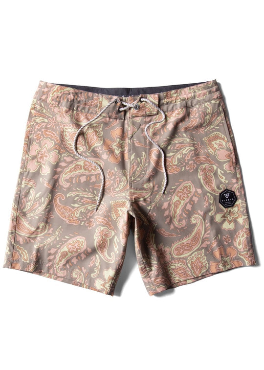 Vissla Vagabond 17.5" boardshort in dark khaki with paisley print, front view.
