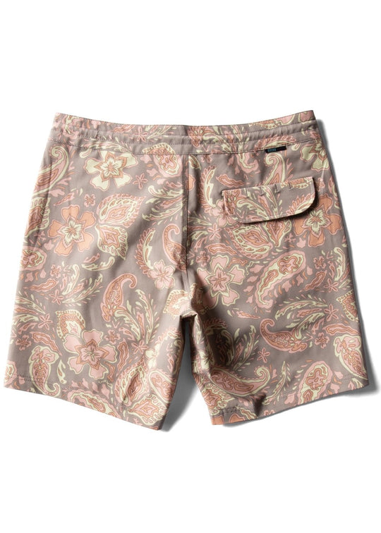 Vissla Vagabond 17.5" boardshort in dark khaki with paisley print, back view.