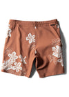 Vissla Byebiscus Boardshort in terracotta with floral print, back view.