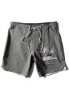 Vissla Le'Ahi 17.5" boardshort in surplus green with palm tree graphic on front.