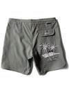 Back view of Vissla Le'Ahi 17.5" boardshort in surplus green with palm tree graphic and pocket.