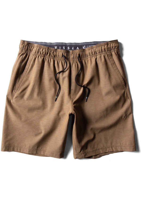 Vissla Hemp No See Ums Eco 18" Elastic Walkshort in brown, front view.