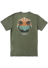 Vissla Psychedelic Palms Tee in Rifle green with palm tree graphic on back.