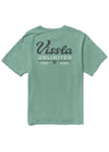 Back view of Vissla Craftsmen Organic Tee in jade color with bold graphic design.