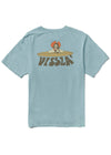 Back view of Vissla Soren Lady Shred Organic Tee in stone blue with graphic design.