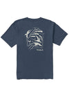 Back view of Vissla Miyashiro Swell Seekers Organic Tee in dark denim with artistic graphic design.