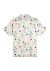 Vissla Tropical SS Shirt in sunlight color with palm tree and floral print, back view.