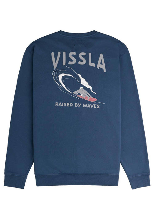 Vissla Raised By Waves Crew Fleece in naval blue with back graphic design.