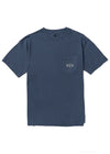 Front view of Vissla Lounge Premium PKT Tee in navy with chest pocket detail.