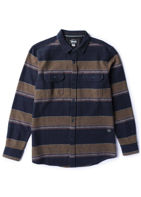 Vissla Creators Innovators Eco LS Flannel with striped design, front view.