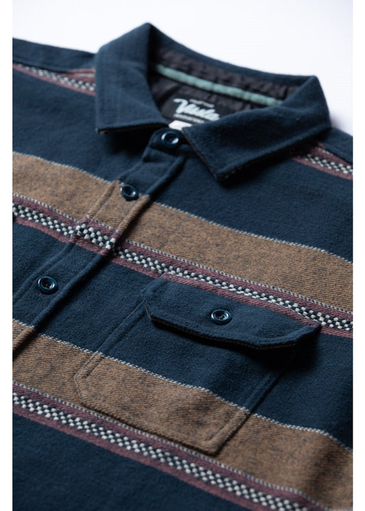 Close-up of Vissla Eco LS Flannel showing button details and chest pocket.