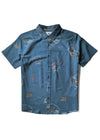 Vissla Soren Wavy West Eco short sleeve shirt in tidal blue, front view.