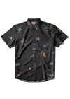 Vissla Soren Wavy West Eco short sleeve shirt in black with unique graphic prints, front view.