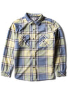 Vissla Eco-zy LS Polar Flannel in muted lime with plaid design, front view.