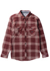 Vissla Eco-Zy Polar Flannel in fired brick color, long sleeve plaid shirt.