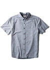 Vissla Congos Eco SS Shirt in stone blue with geometric pattern, front view.