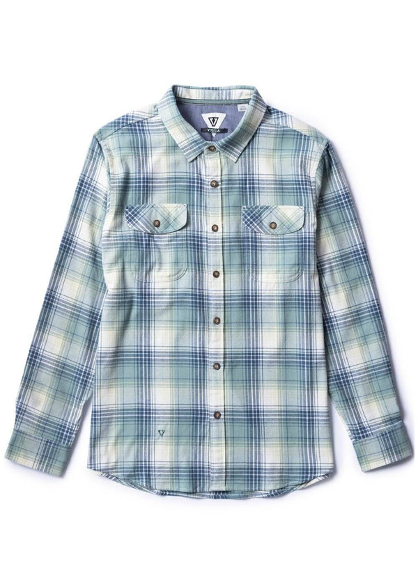 Vissla Central Coast Eco LS Flannel in smokey jade, full front view of eco-friendly shirt.