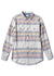 Vissla Central Coast Eco LS Flannel in bone with striped design, front view.