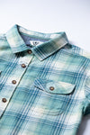 Vissla Central Coast Eco LS Flannel in smokey jade, close-up of plaid design.