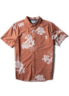 Vissla Byebiscus Eco SS Shirt in terracotta with floral print, front view.