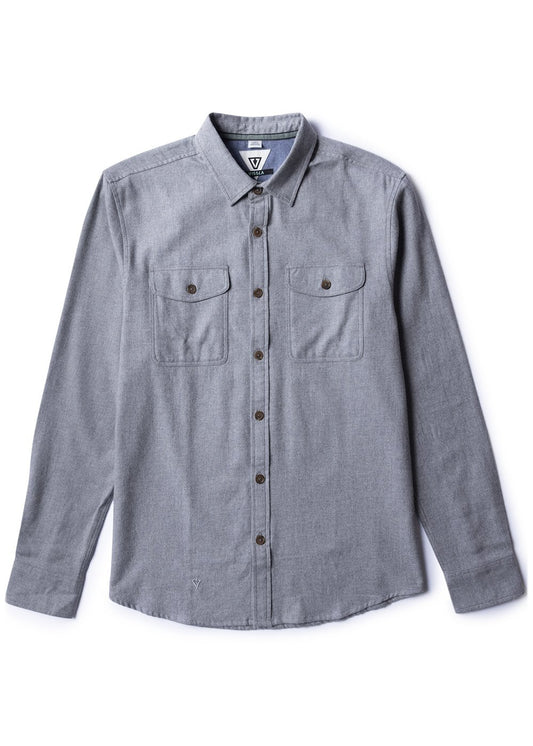 Front view of Vissla Go To Shirt in grey heather with button-down style.