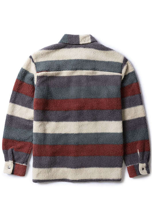 Vissla Peaks Sherpa Woven Shirt in Fired Brick with striped design, back view.