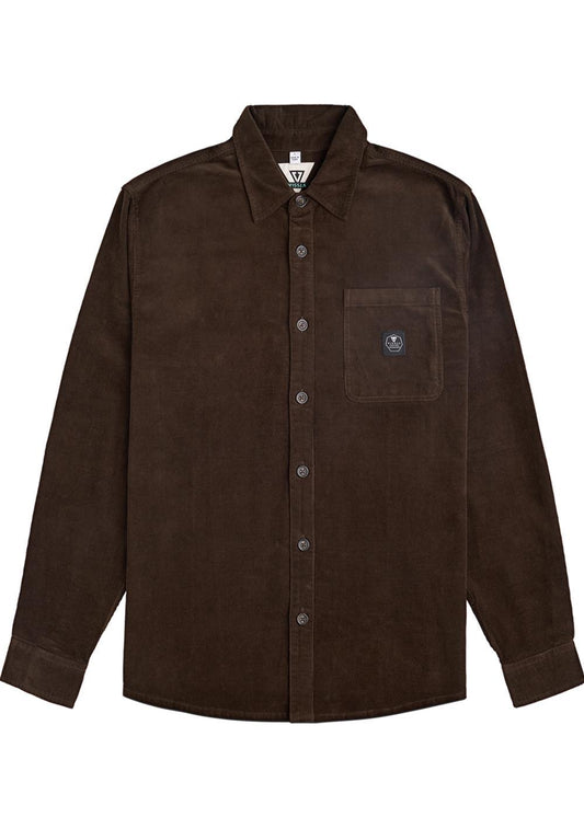 Front view of Vissla Doheny Woven Shirt in java color with button-up closure and chest pocket.